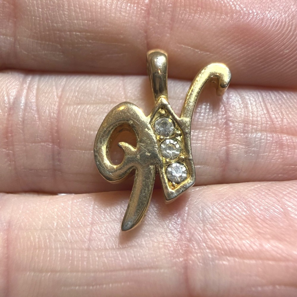 Gold Tone Initial K Rhinestone Cursive Script Pendant Charm Goldtop Personalised